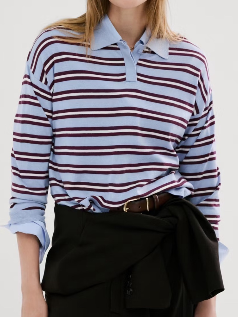 Mango Light Blue and Burgundy Striped Long-Sleeve Polo STRIPED POLO-NECK SWEATER